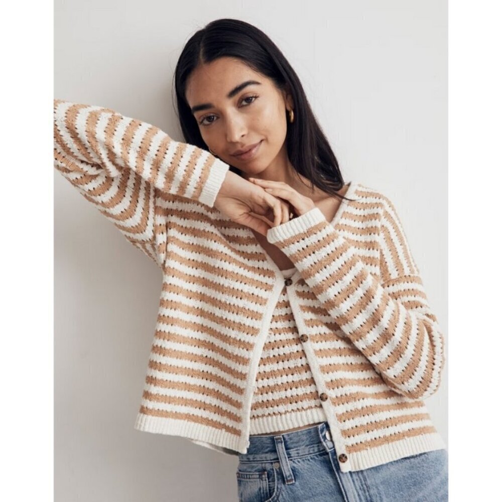 💕MADEWELL💕 Open Stitch Cardigan Sweater + Tank Set Stiped Earthen Sand Medium